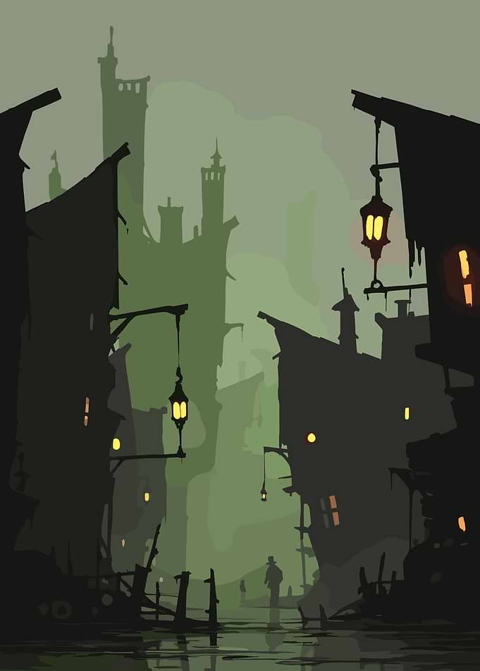 Dark fantasy city street at night