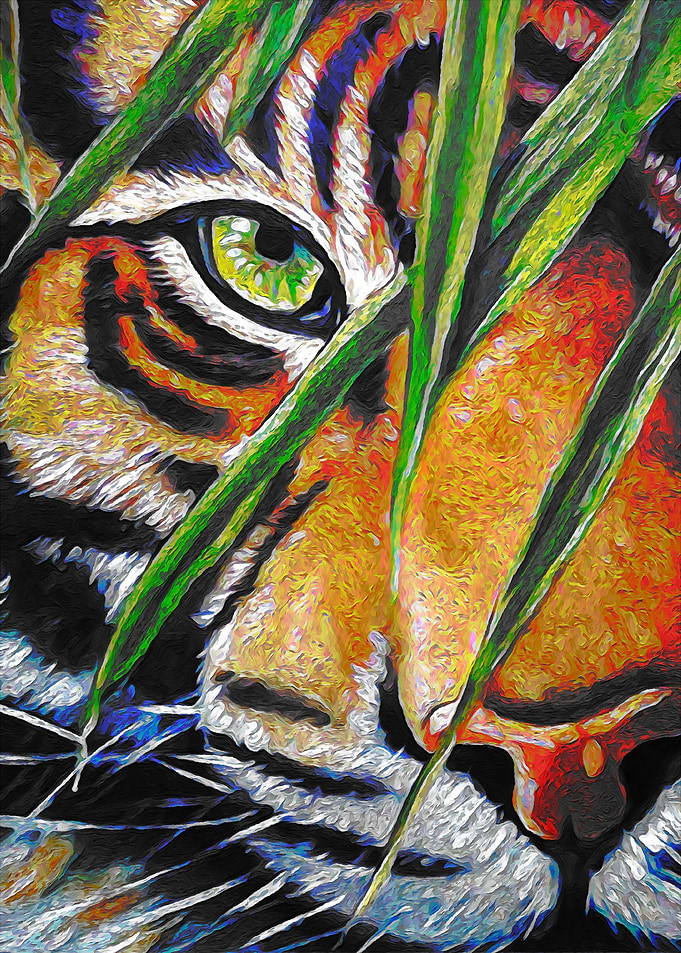 Tiger Eye Peeking Through Grass