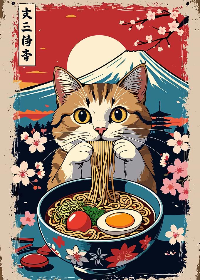 Cat Eating Ramen with Mount Fuji