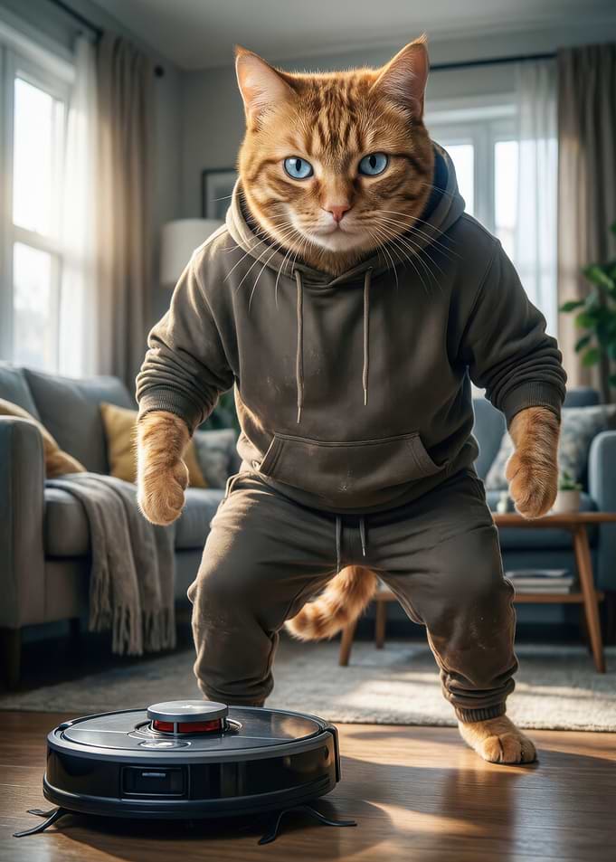 Cat in Hoodie Confronts Robot Vacuum