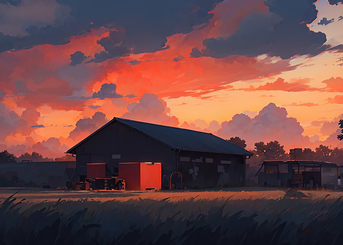 Sunset over a rural warehouse