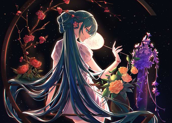 Anime Girl with Flowers and Moon Fan