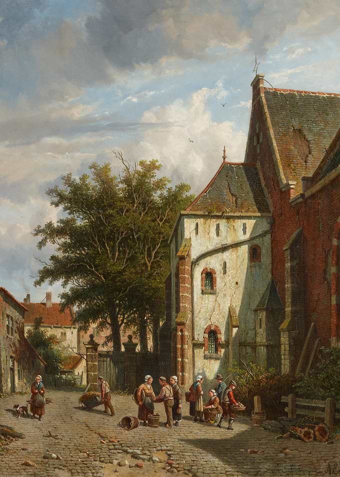 Village Scene with People and Buildings