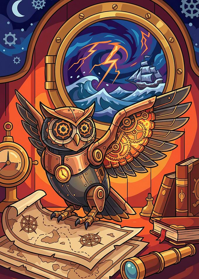 Steampunk Owl with Nautical Map