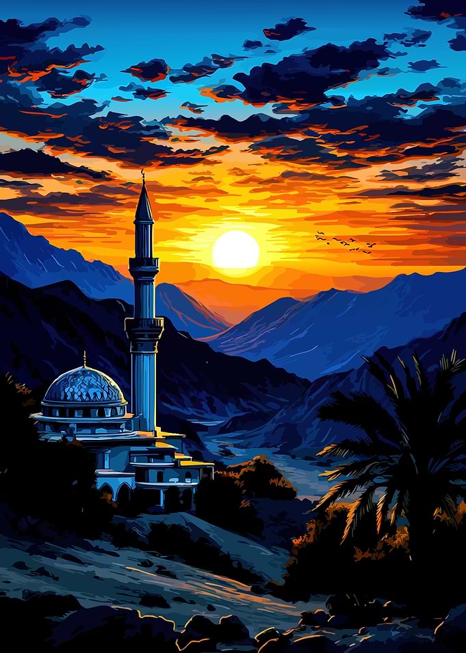 Mosque in Mountain Sunset