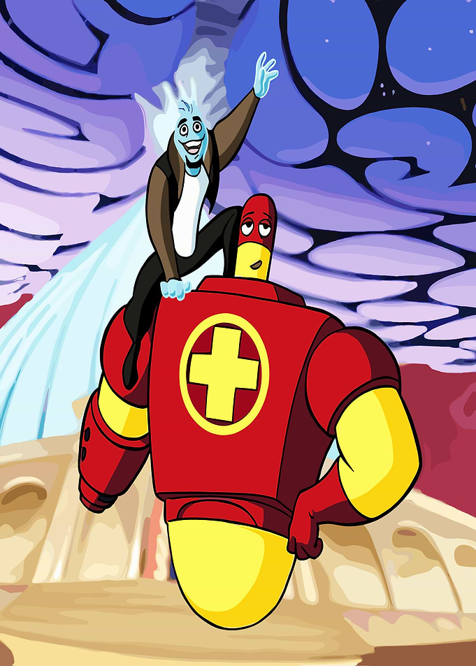 Animated characters on a pill-shaped robot