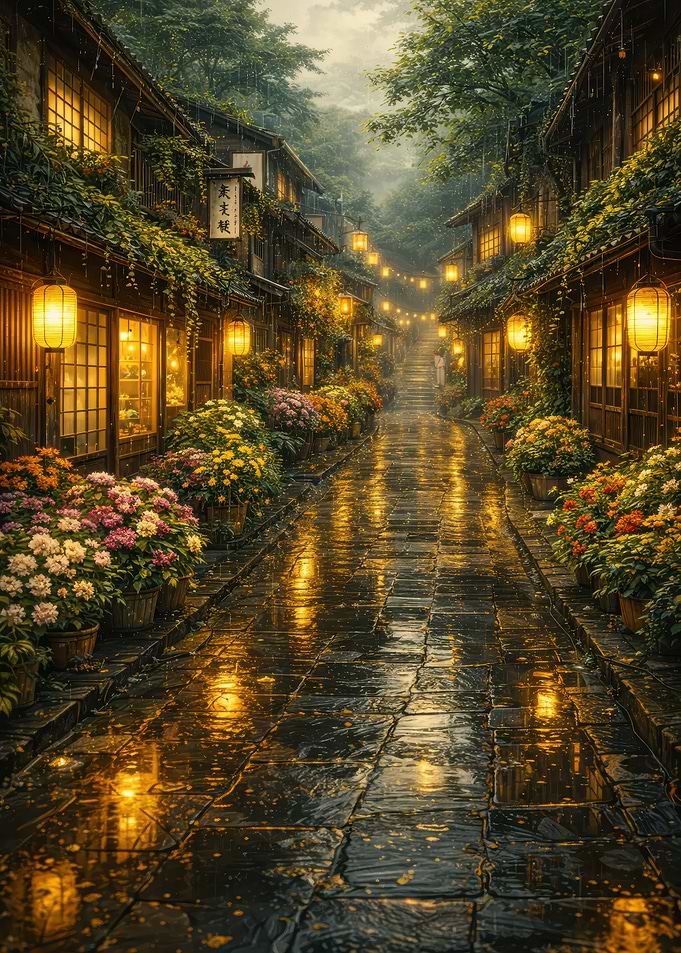 Rainy Japanese Street with Lanterns and Flowers