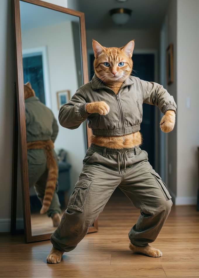 Cat in martial arts pose in front of mirror