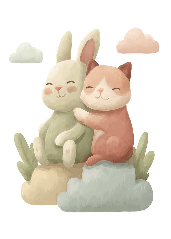 Cute Bunny and Cat Hugging