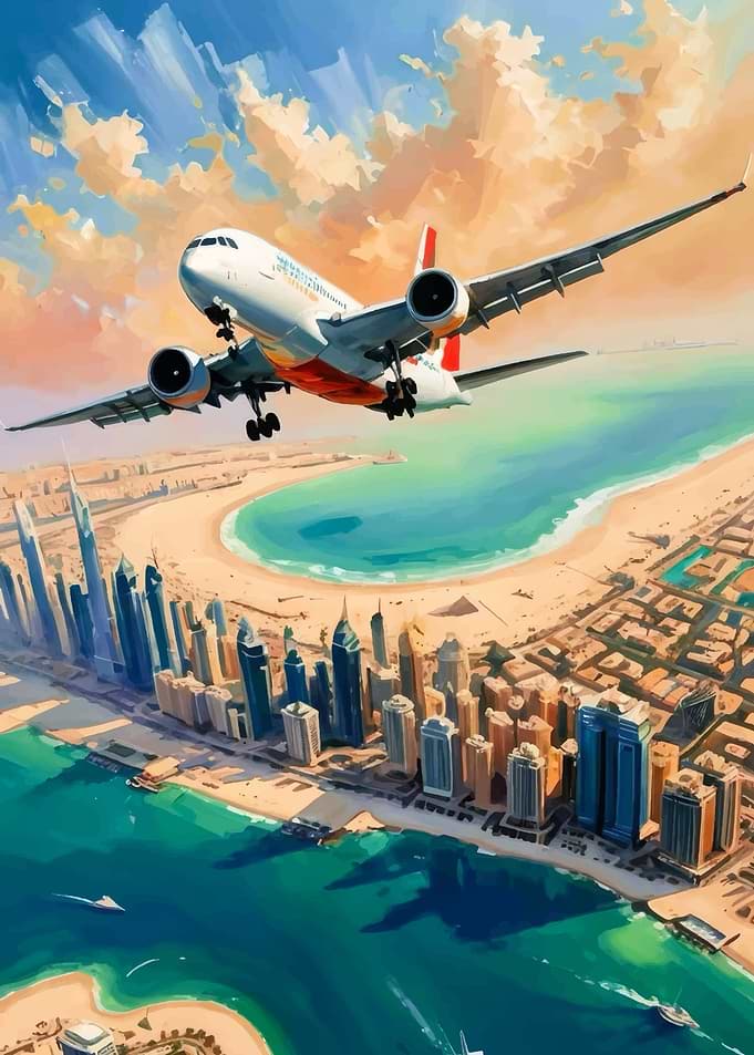 Airplane flying over a coastal city