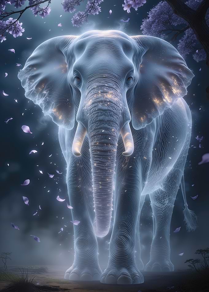 Ethereal Elephant with Falling Petals