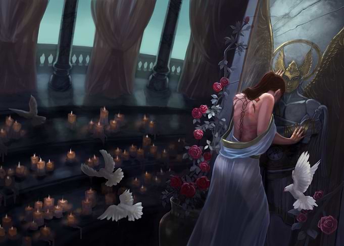 'Kushiel's DartPhedre in the Temple of Archangel Kushiel the Angel of Punishment with Doves. Roses, & Candles