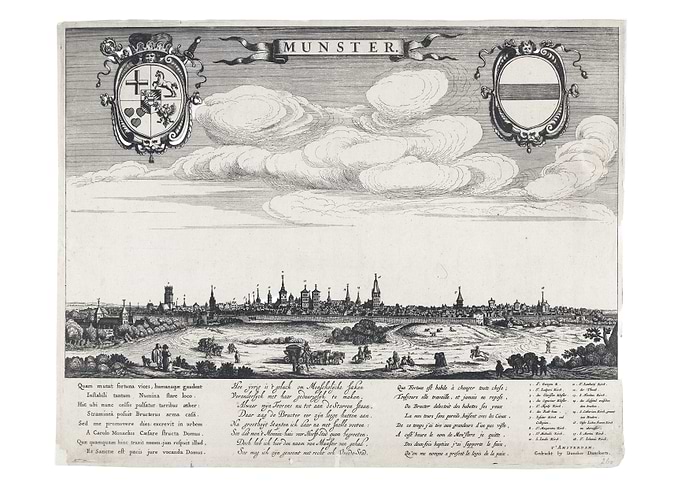 Engraving of Munster Cityscape with Coats of Arms