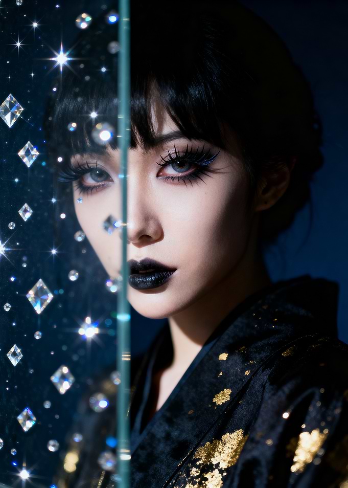 Gothic Geisha with Black Lipstick and Diamonds
