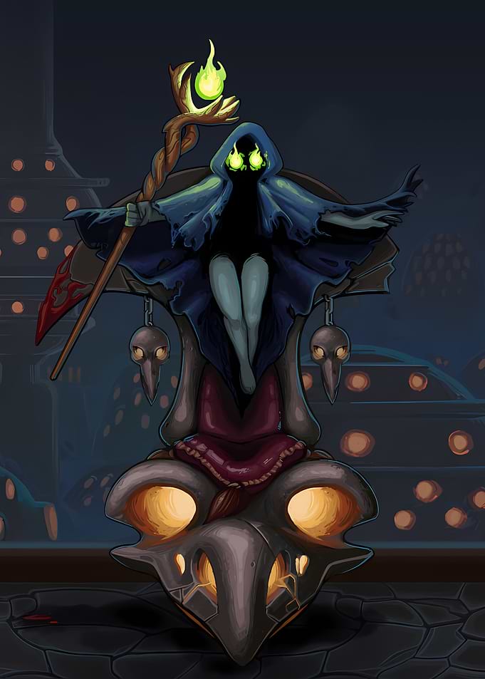 Mysterious hooded figure on a throne