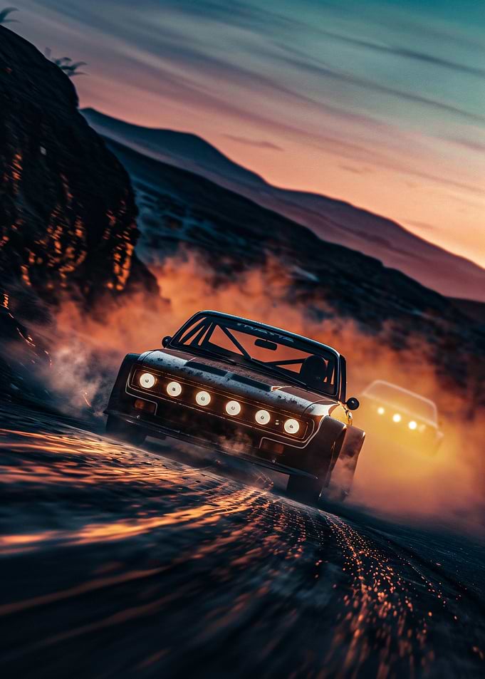 Rally Cars Racing at Sunset