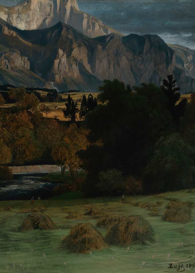 Mountain Landscape with Haystacks and River