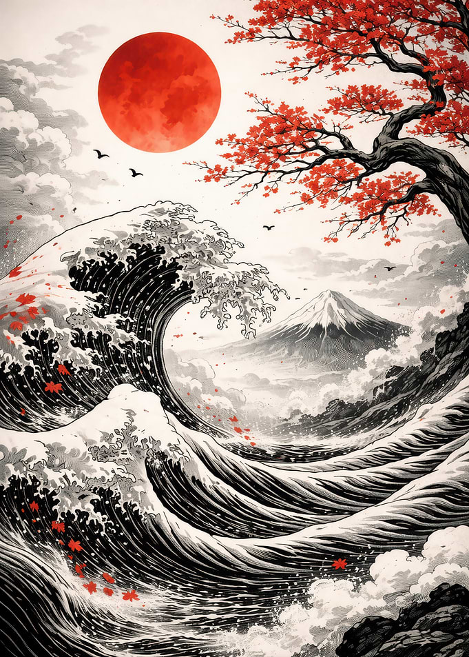 Great Wave with Red Sun and Mt. Fuji
