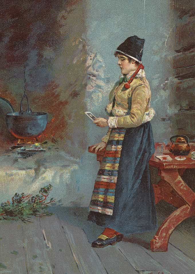 Woman in traditional clothing by a fireplace