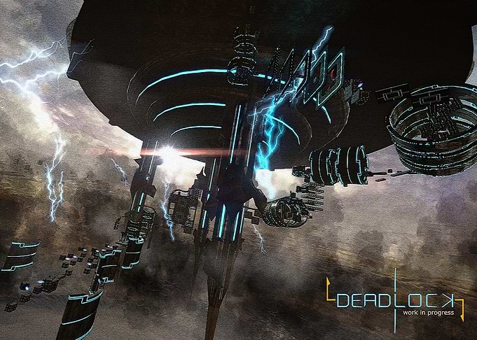 Futuristic space station with lightning