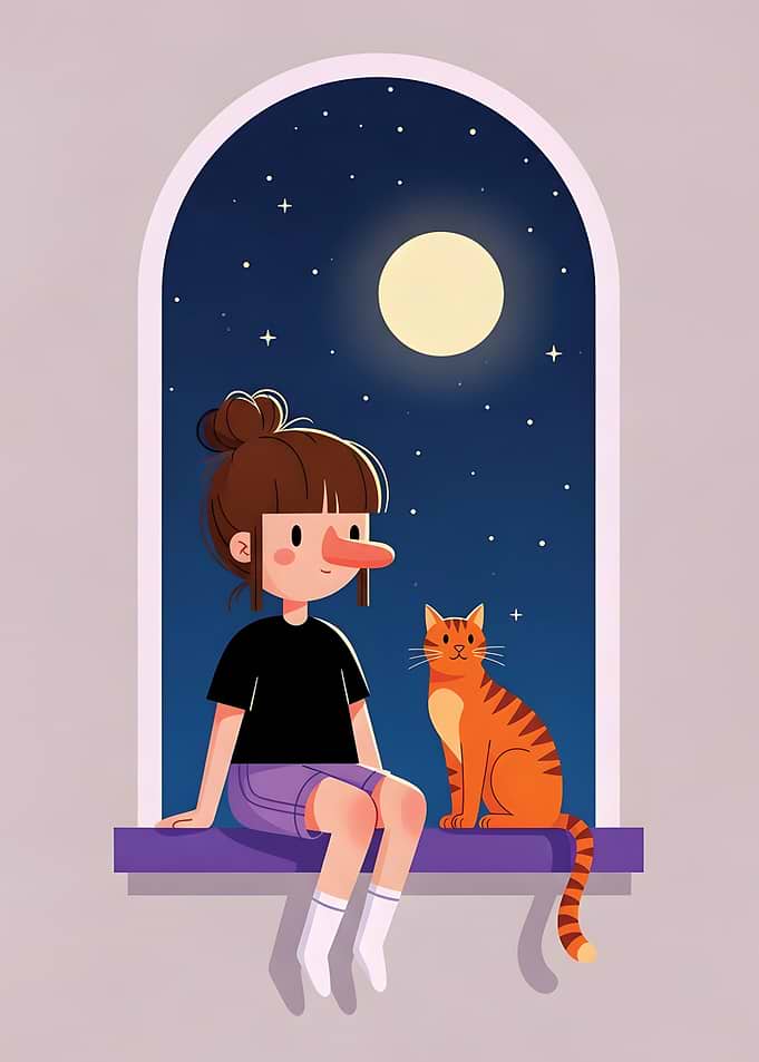 Girl and Cat on a Moonlit Night