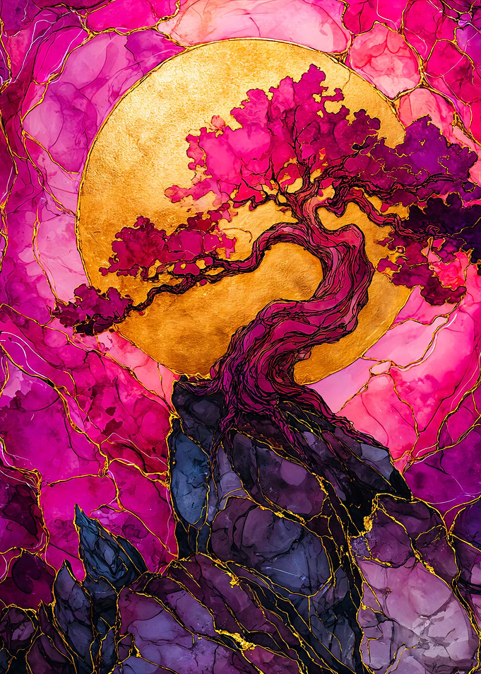 Bonsai Tree on Rocky Outcrop Under Golden Moon