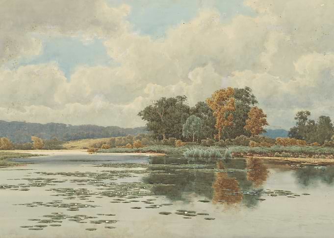 Serene Lake with Lily Pads and Trees