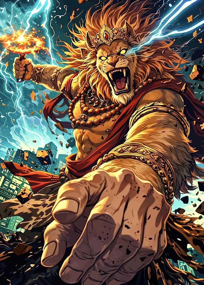 Lion-headed deity in a city