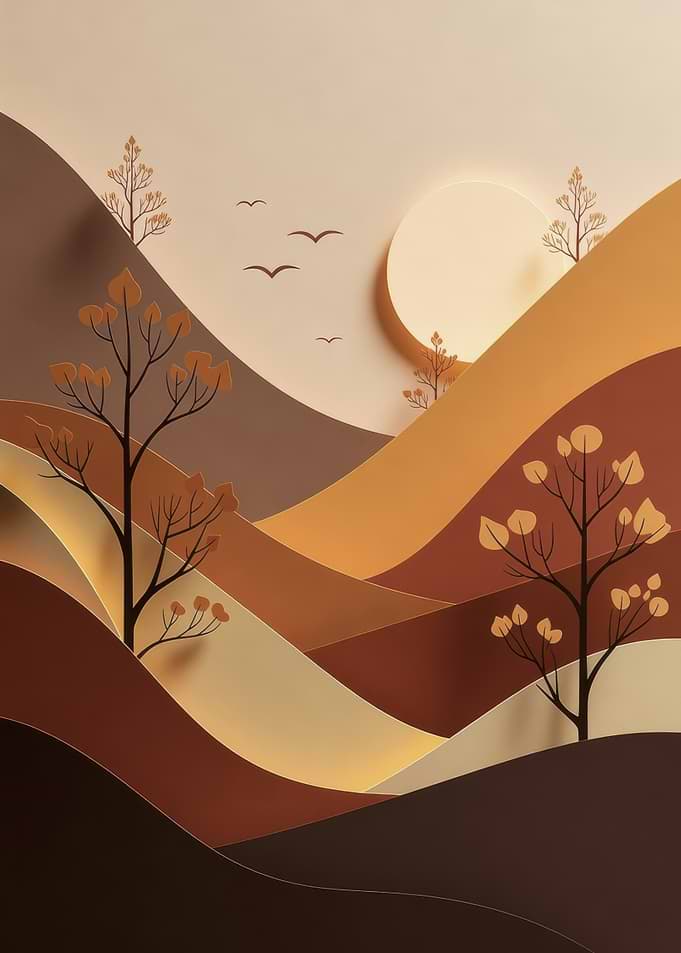 Abstract Autumn Landscape with Trees and Sun