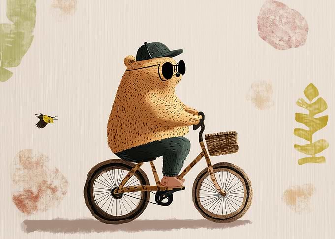 Bear riding a bicycle with a bird