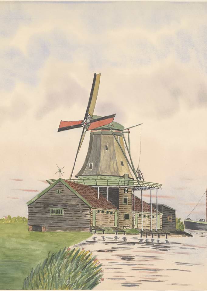 Watercolor painting of a Dutch windmill