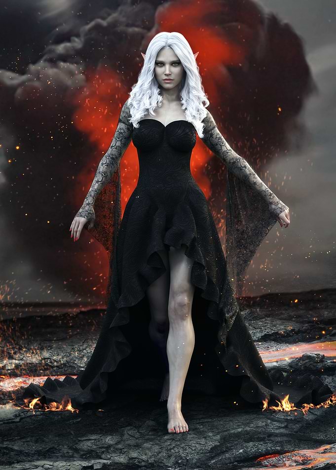 Fantasy Dark Elf sorceress in a black dress. 3d rendering