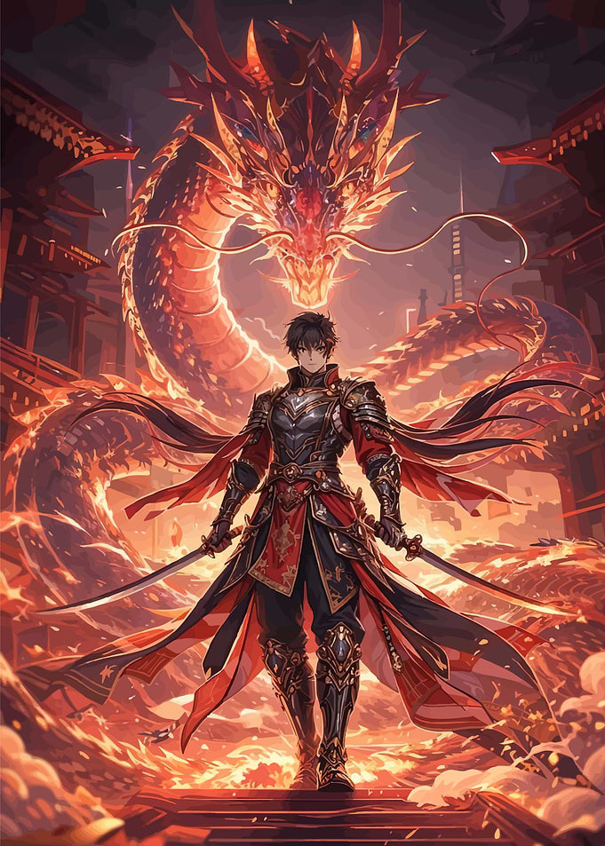Warrior and Dragon in Fiery Landscape