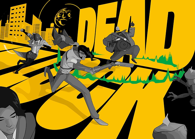 Action scene with characters and text