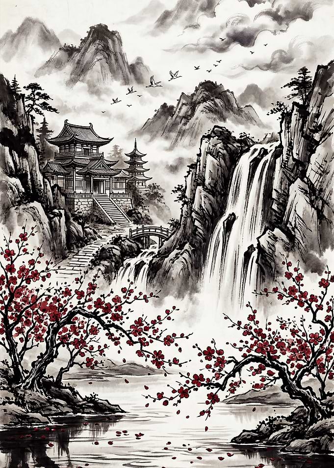Waterfall Sanctuary with Cherry Blossoms