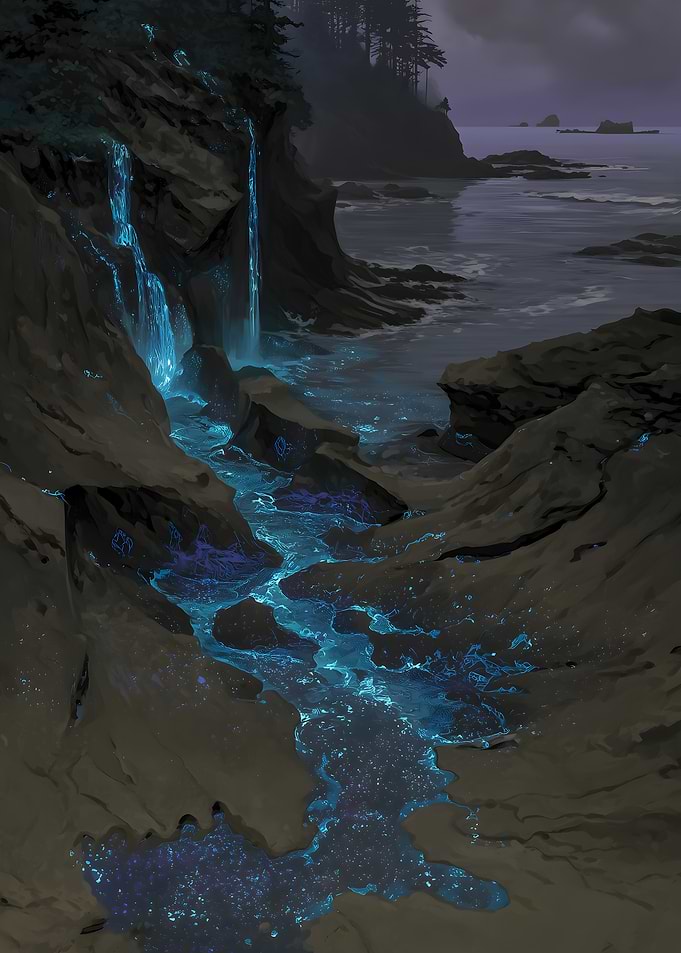 Bioluminescent Waterfall on a Rocky Coast
