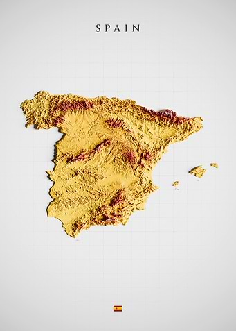 Spain Topographic Map - 3D Shaded Relief Elevation Wall Art