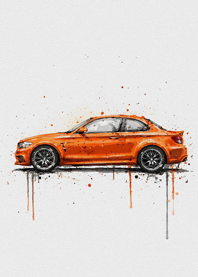 Orange Sports Car Watercolor Art