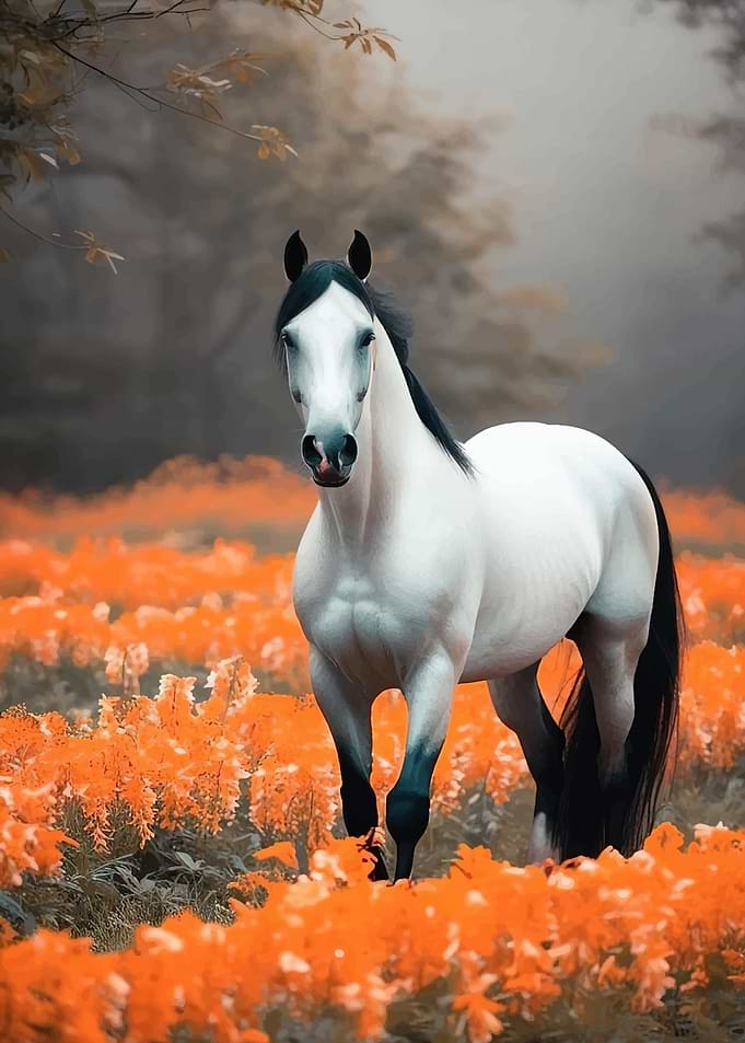 Majestic White Horse in Orange Flowers