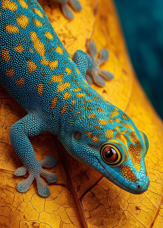 Vibrant Blue and Yellow Gecko on Leaf