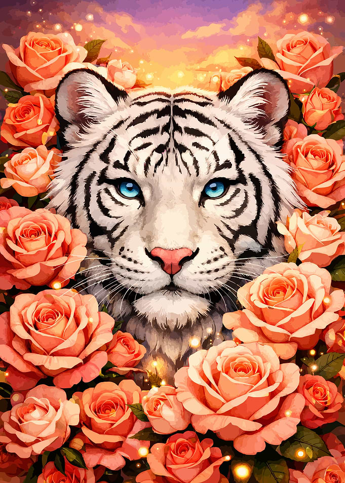White Tiger Surrounded by Roses