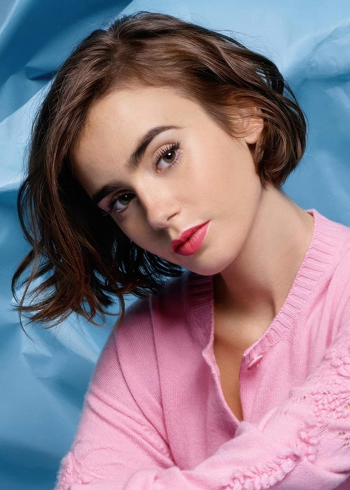 Lily Collins in Pink Cardigan