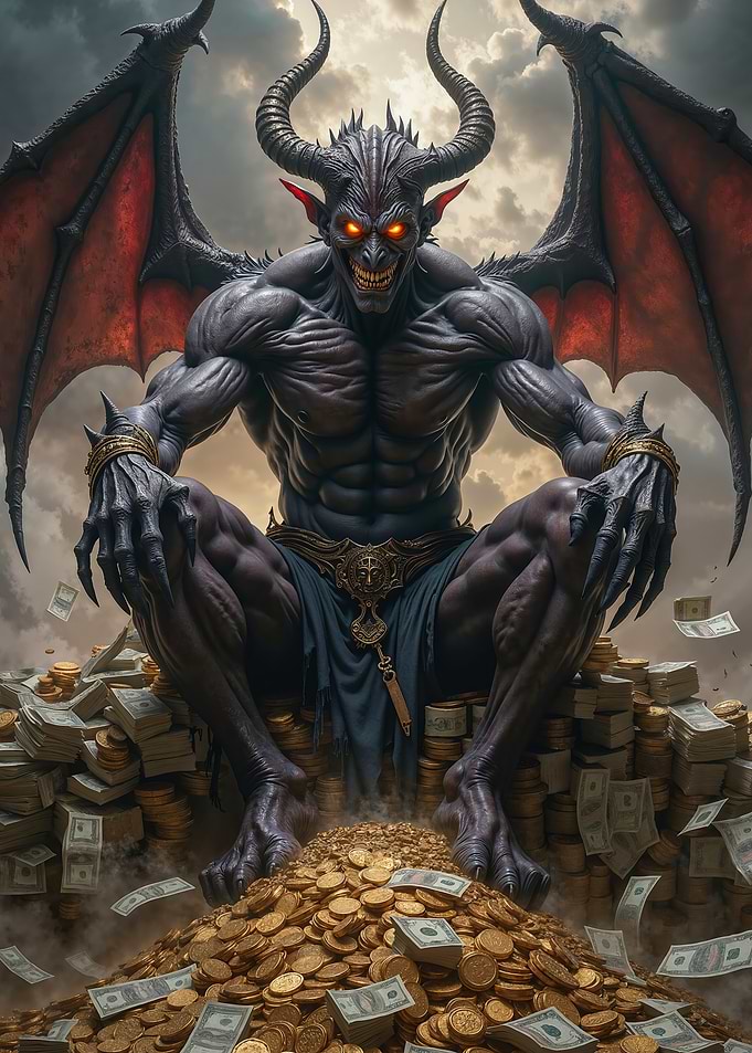 Drk Fantasy Demon Sitting on Gold and Money