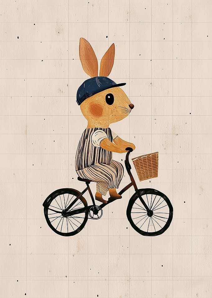 Bunny riding a bicycle with a basket