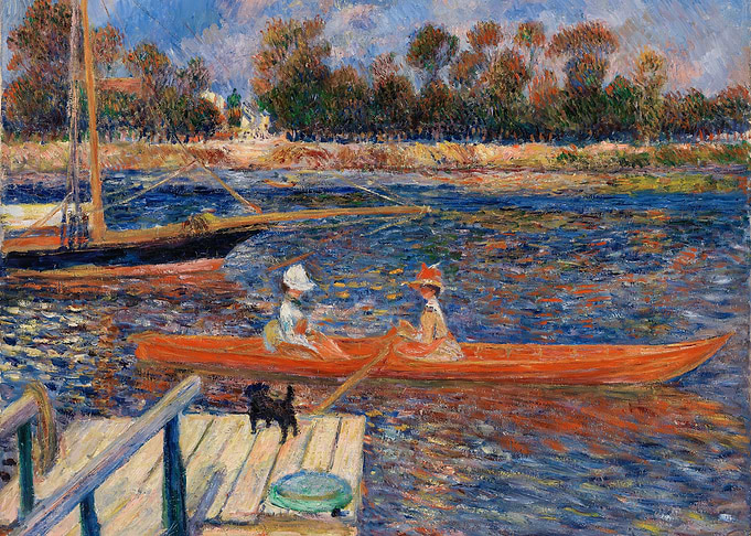 Two women in a rowboat on a river