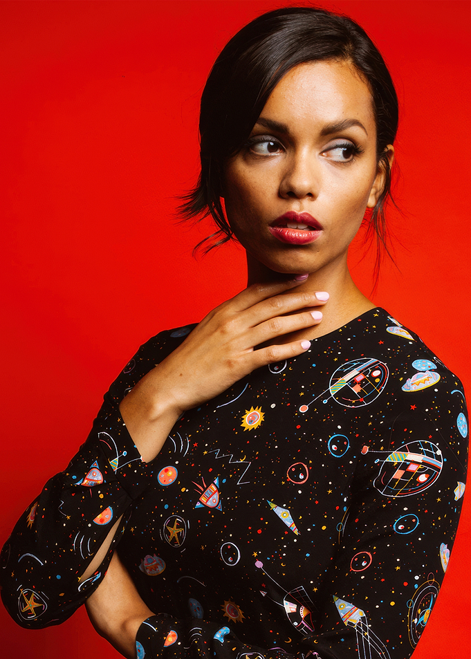 Georgina Campbell in Space Print Dress