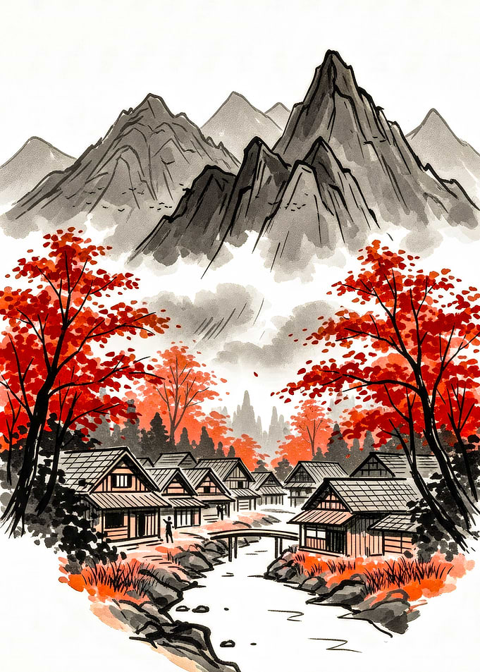 Japanese Village in Autumn Mountains