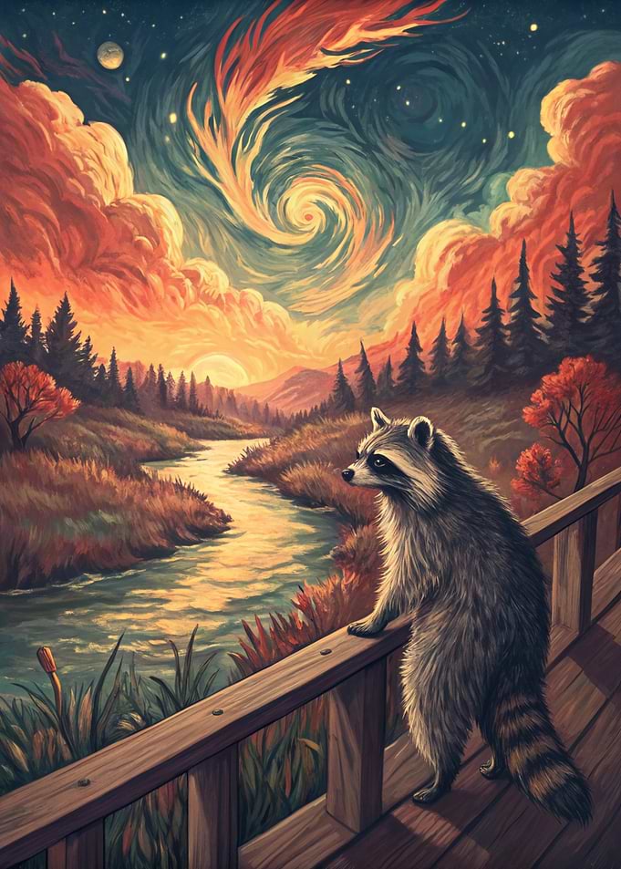 Raccoon on a bridge overlooking a river