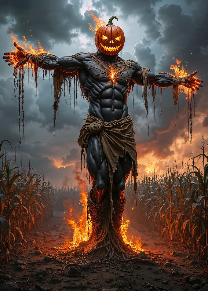 Scarecrow Pumpkin Man on Fire