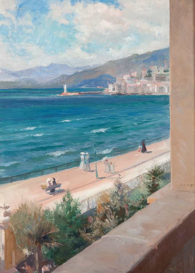 Seaside Promenade with Town and Lighthouse
